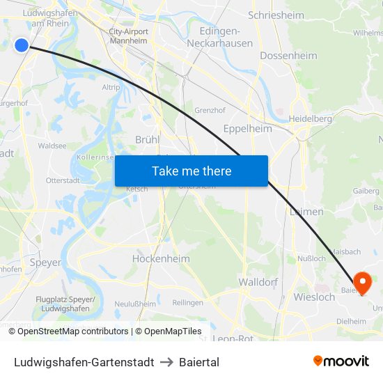 Ludwigshafen-Gartenstadt to Baiertal map