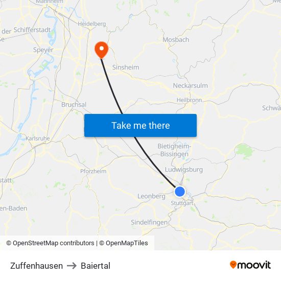 Zuffenhausen to Baiertal map