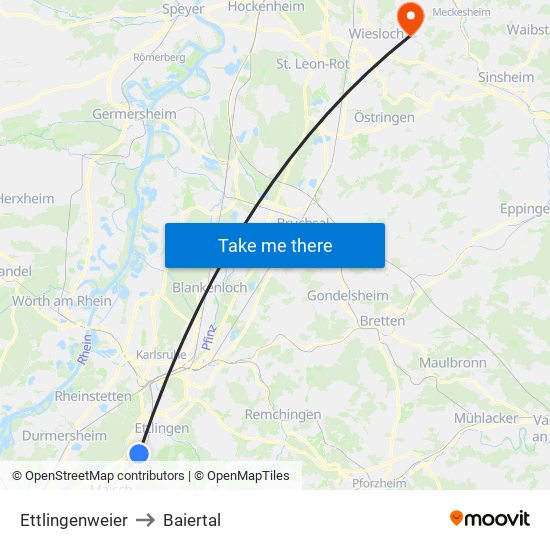 Ettlingenweier to Baiertal map