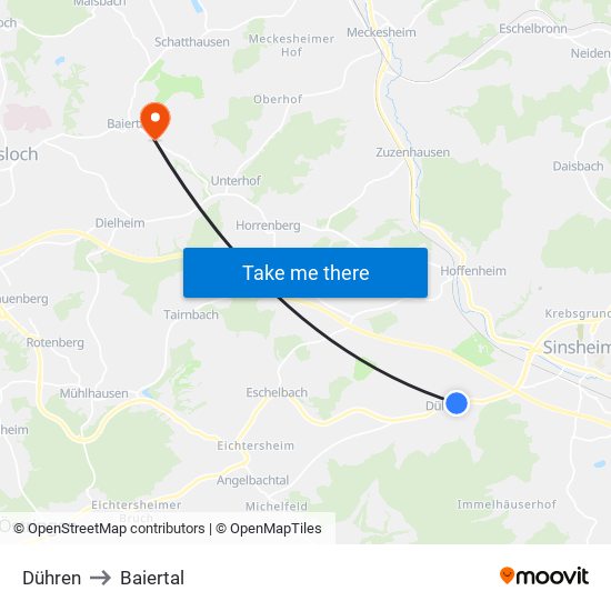 Dühren to Baiertal map