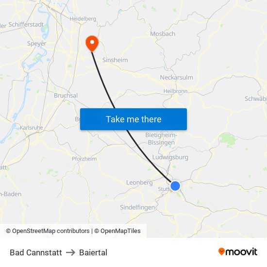 Bad Cannstatt to Baiertal map