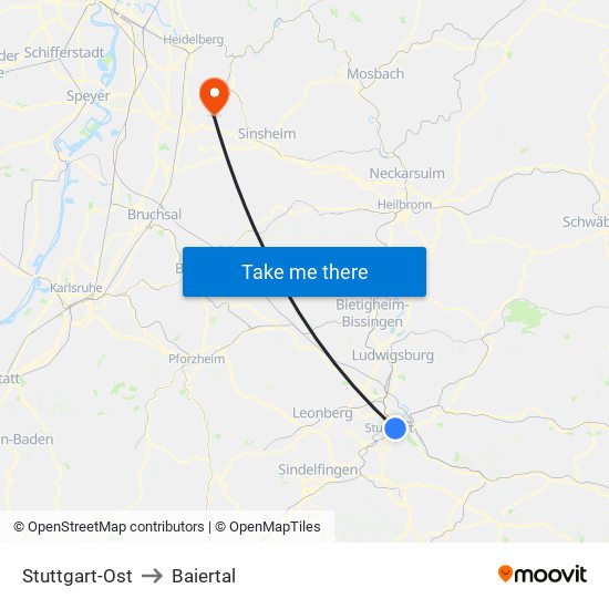 Stuttgart-Ost to Baiertal map