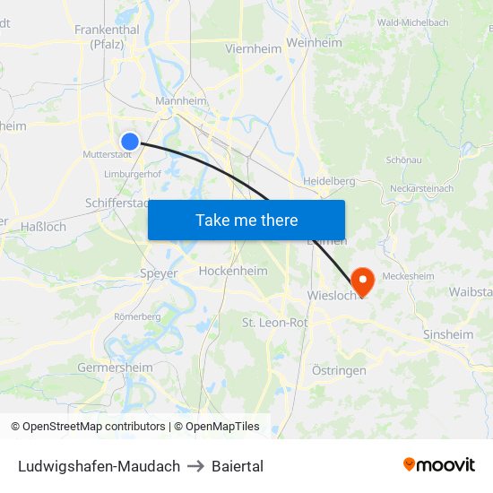 Ludwigshafen-Maudach to Baiertal map