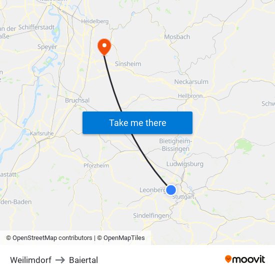 Weilimdorf to Baiertal map