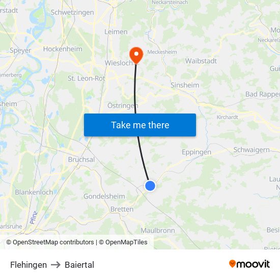 Flehingen to Baiertal map