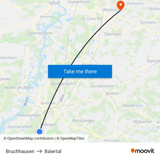 Bruchhausen to Baiertal map