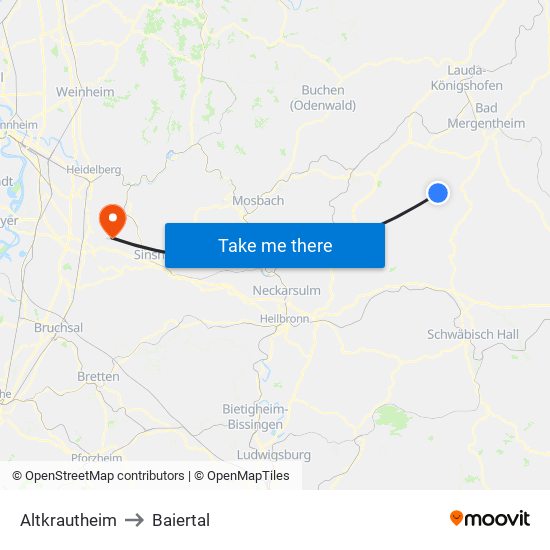 Altkrautheim to Baiertal map