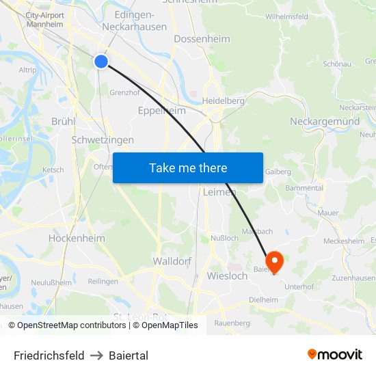 Friedrichsfeld to Baiertal map