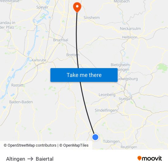 Altingen to Baiertal map