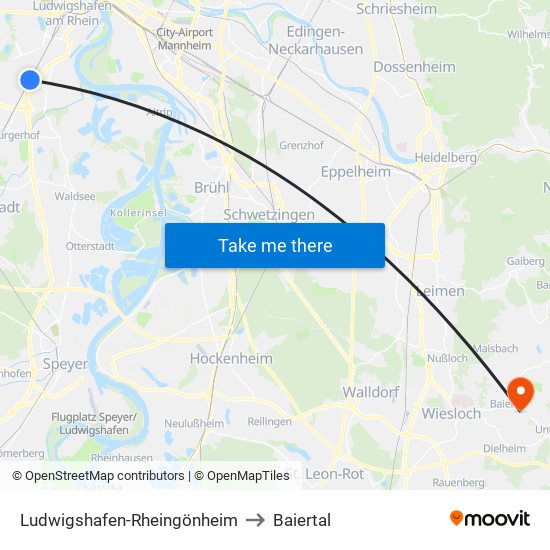 Ludwigshafen-Rheingönheim to Baiertal map