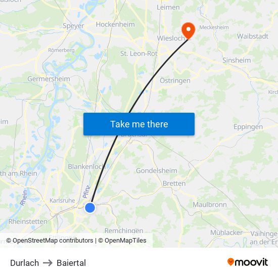 Durlach to Baiertal map