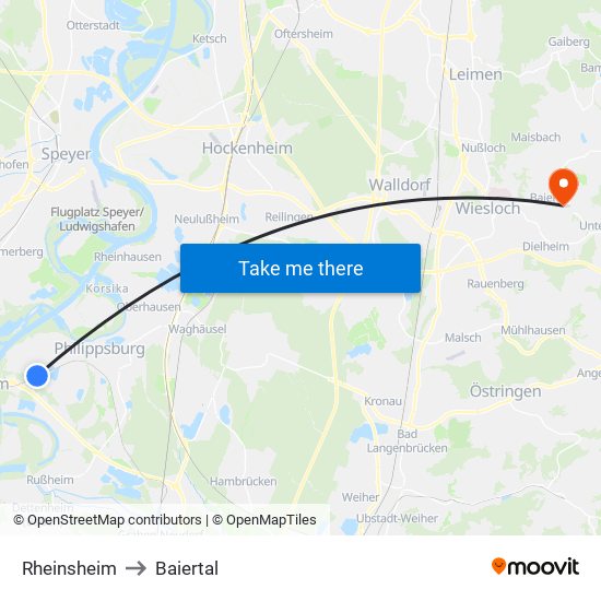 Rheinsheim to Baiertal map