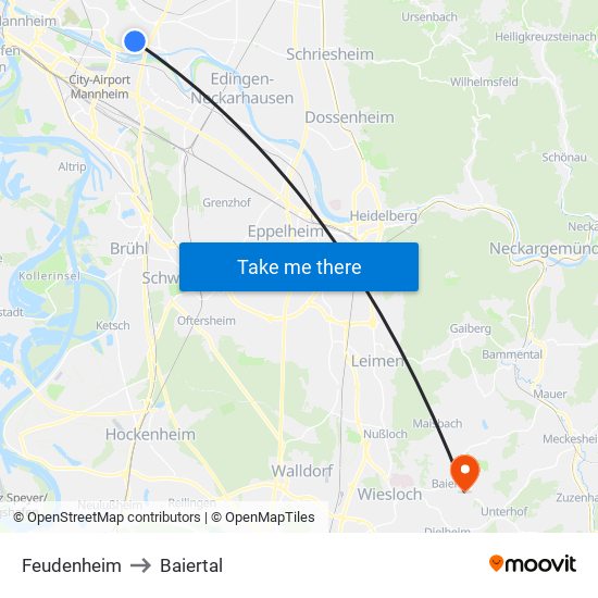 Feudenheim to Baiertal map