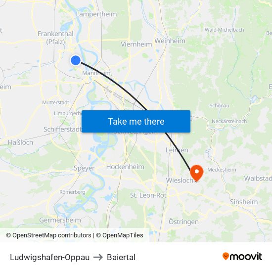 Ludwigshafen-Oppau to Baiertal map