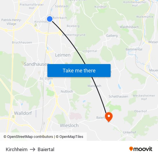 Kirchheim to Baiertal map