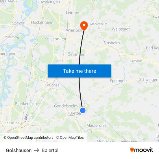 Gölshausen to Baiertal map