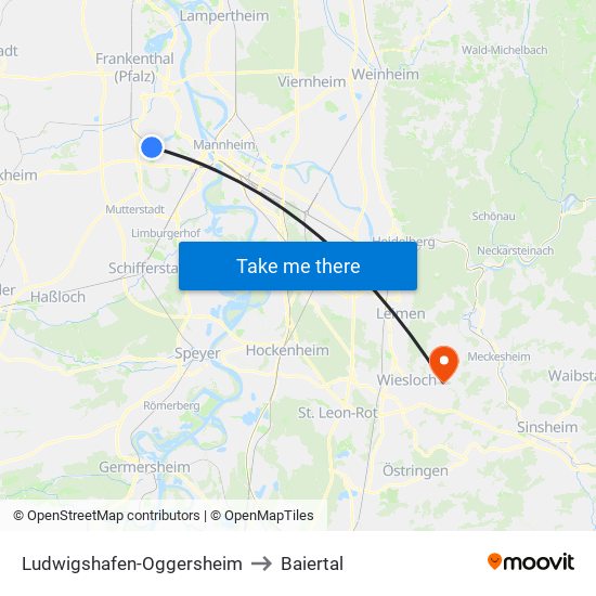 Ludwigshafen-Oggersheim to Baiertal map