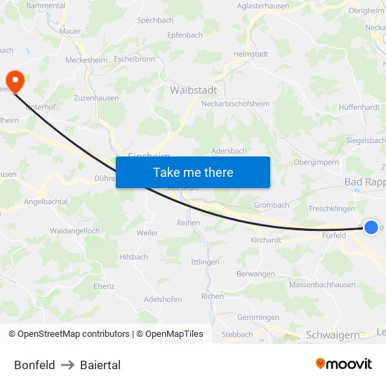Bonfeld to Baiertal map