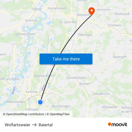 Wolfartsweier to Baiertal map