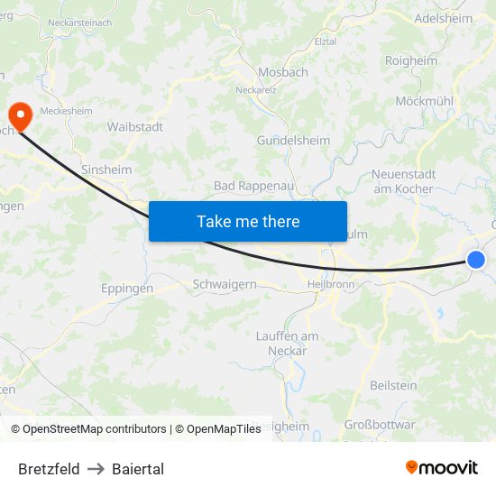 Bretzfeld to Baiertal map