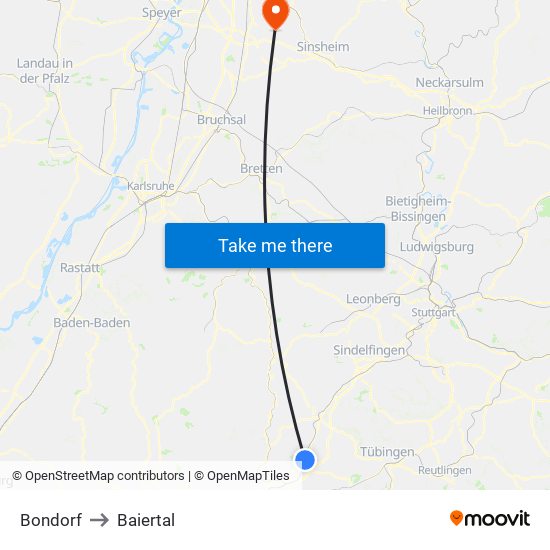 Bondorf to Baiertal map
