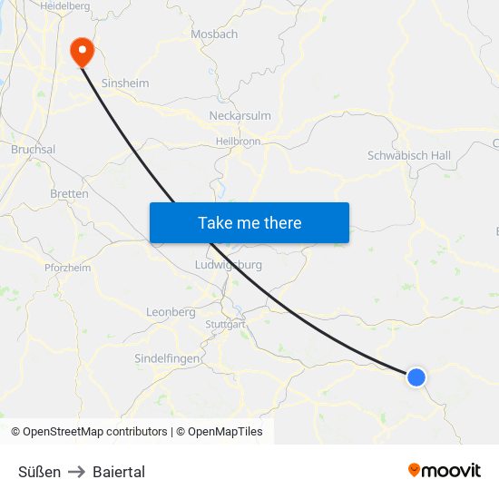 Süßen to Baiertal map