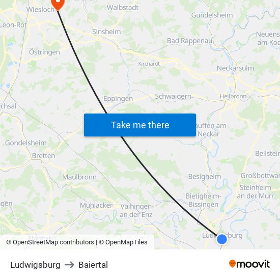 Ludwigsburg to Baiertal map