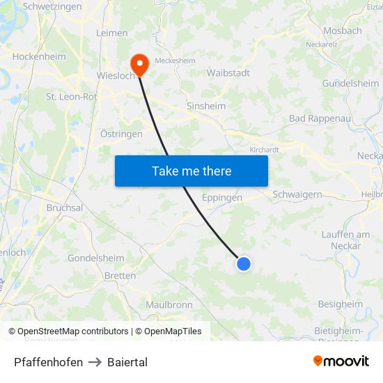 Pfaffenhofen to Baiertal map