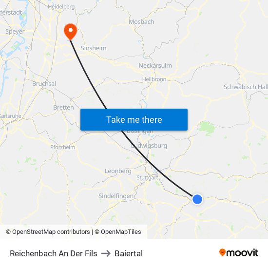 Reichenbach An Der Fils to Baiertal map