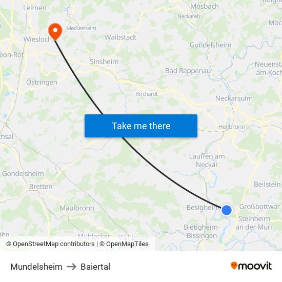 Mundelsheim to Baiertal map