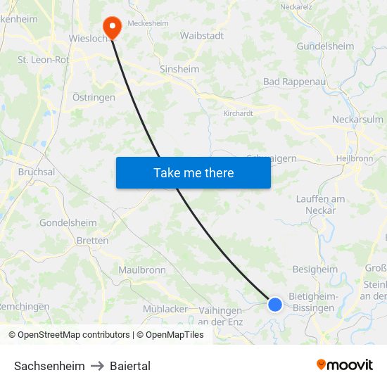 Sachsenheim to Baiertal map