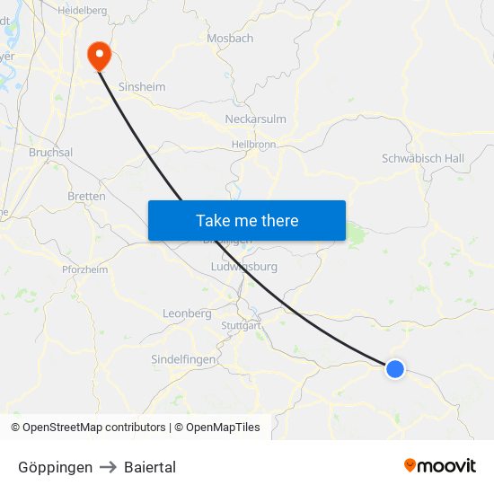 Göppingen to Baiertal map