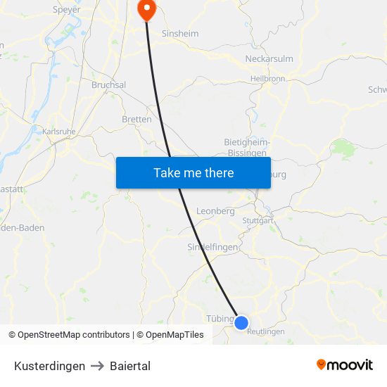 Kusterdingen to Baiertal map