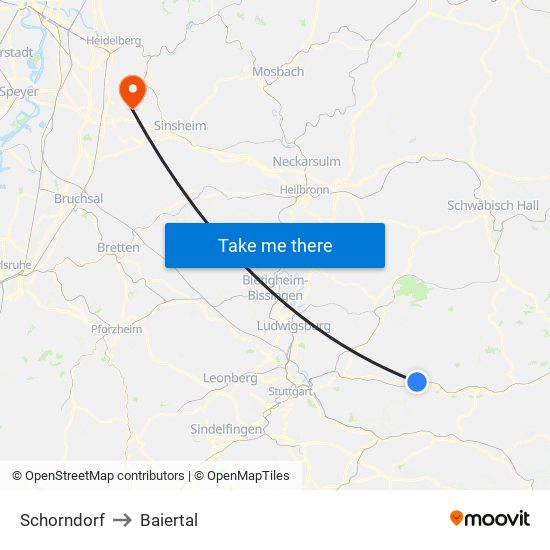 Schorndorf to Baiertal map