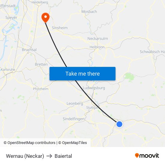 Wernau (Neckar) to Baiertal map