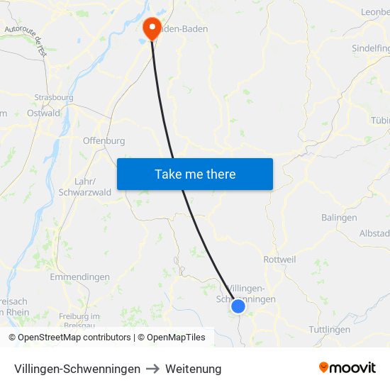 Villingen-Schwenningen to Weitenung map