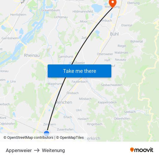 Appenweier to Weitenung map