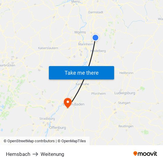 Hemsbach to Weitenung map