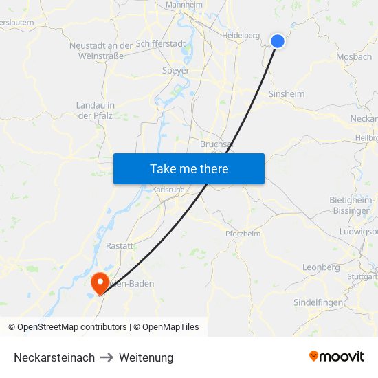 Neckarsteinach to Weitenung map