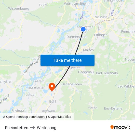 Rheinstetten to Weitenung map