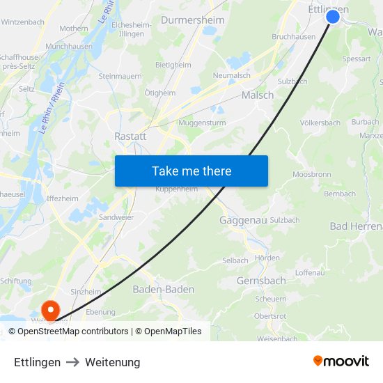 Ettlingen to Weitenung map