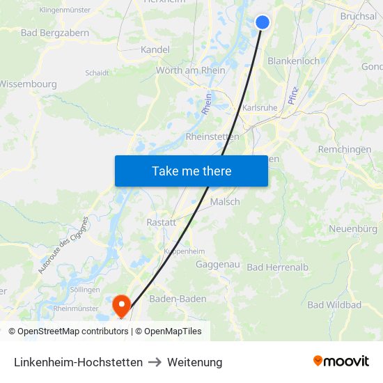 Linkenheim-Hochstetten to Weitenung map