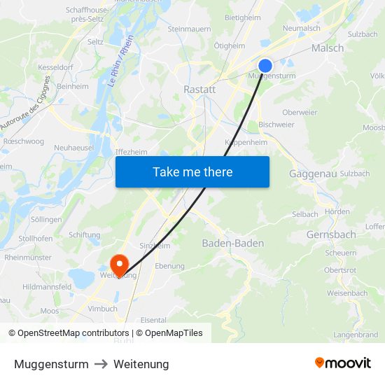 Muggensturm to Weitenung map