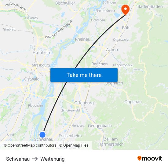 Schwanau to Weitenung map