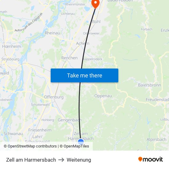 Zell am Harmersbach to Weitenung map