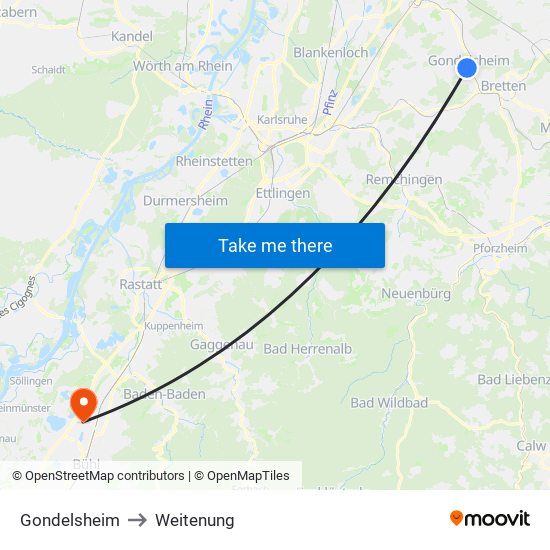 Gondelsheim to Weitenung map