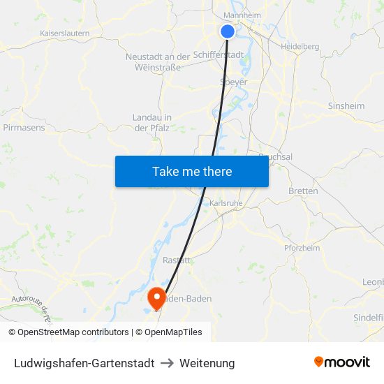 Ludwigshafen-Gartenstadt to Weitenung map
