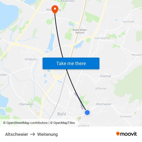 Altschweier to Weitenung map