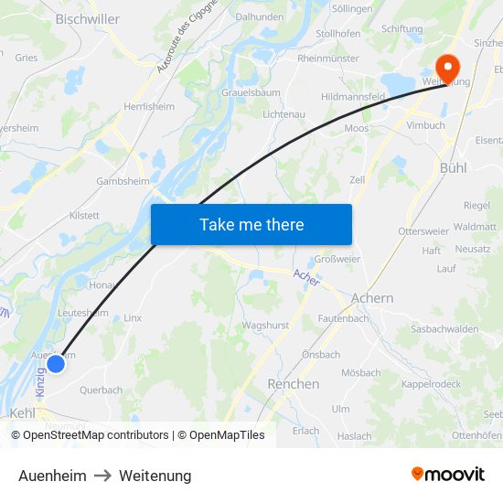 Auenheim to Weitenung map