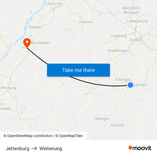 Jettenburg to Weitenung map